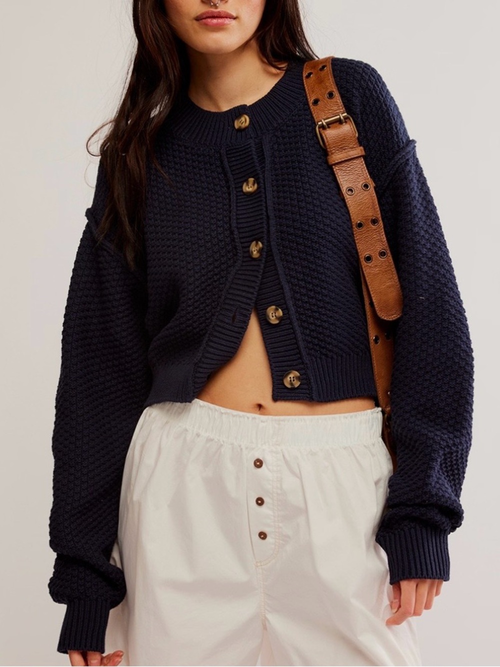 Free People Navy cropped knit Button-Up sweater